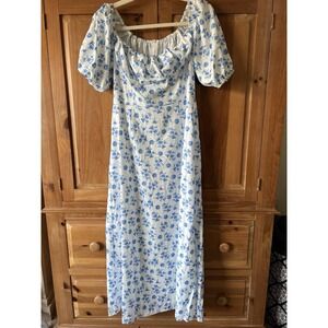 Blue Floral Country Cottage Garden Coquette Milk Maid Dress Women's Size Large